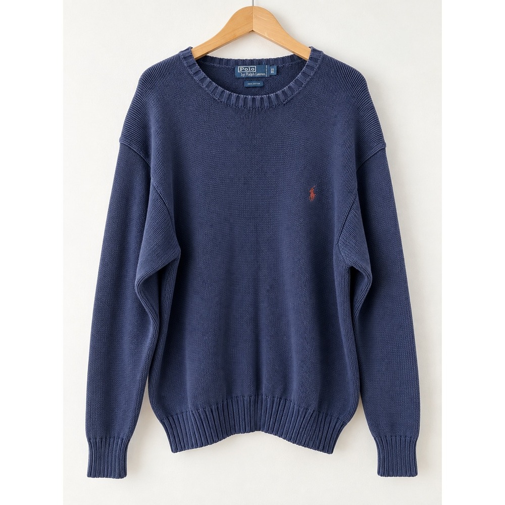 POLO RALPH LAUREN Vintage Navy Blue Cotton Crewneck Sweater Burgundy Pony Logo